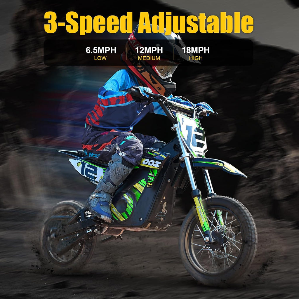 KOOZ HP112E 36V 1000W Electric Dirt Bike for Kids, 3 Speed Modes Teen Electric Motorcycle Up to 18 MPH & 15 Miles Long-Range, Dual Suspension & Disc Brake, 16' Sturdy Tire for Kids Teenagers, Green