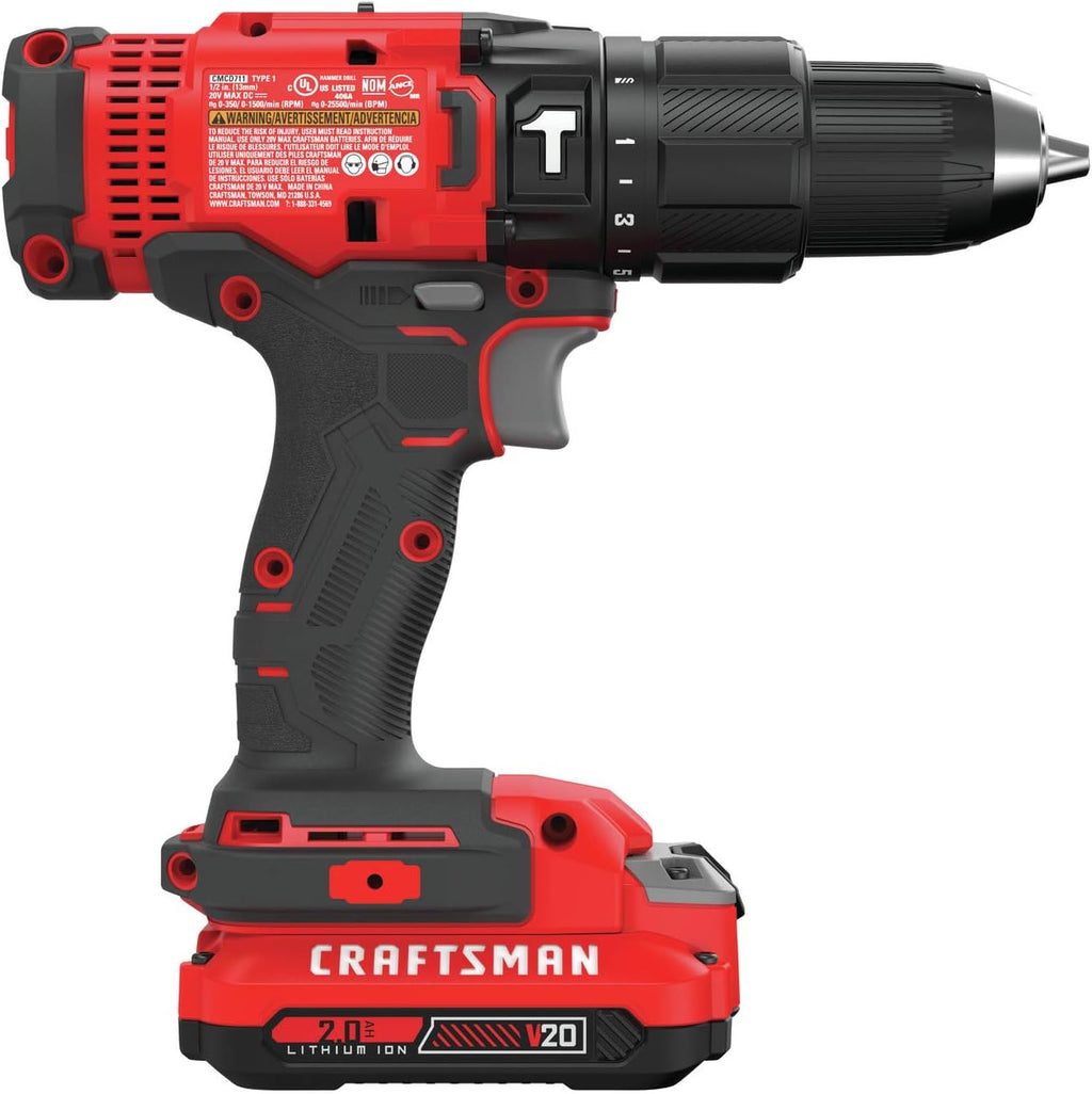 CRAFTSMAN V20 Cordless Hammer Drill Kit, 1/2 inch, 2 Batteries and Charger Included (CMCD711C2)