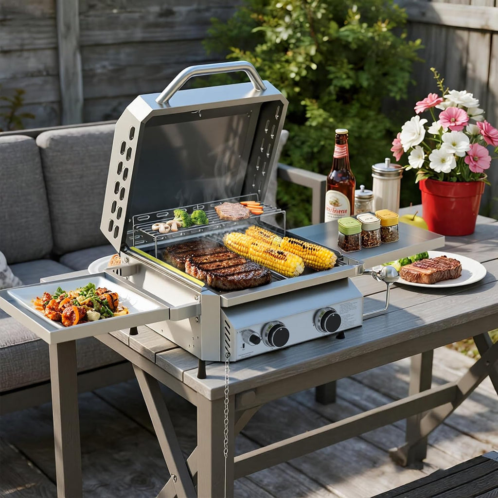 Tabletop Gas Grill, Stainless Steel Portable Propane Grill with Dual Storage Side Platforms – Compact & Powerful 16,000 BTU Dual-Burner BBQ Grill for Garden and Patio Backyard,Camping