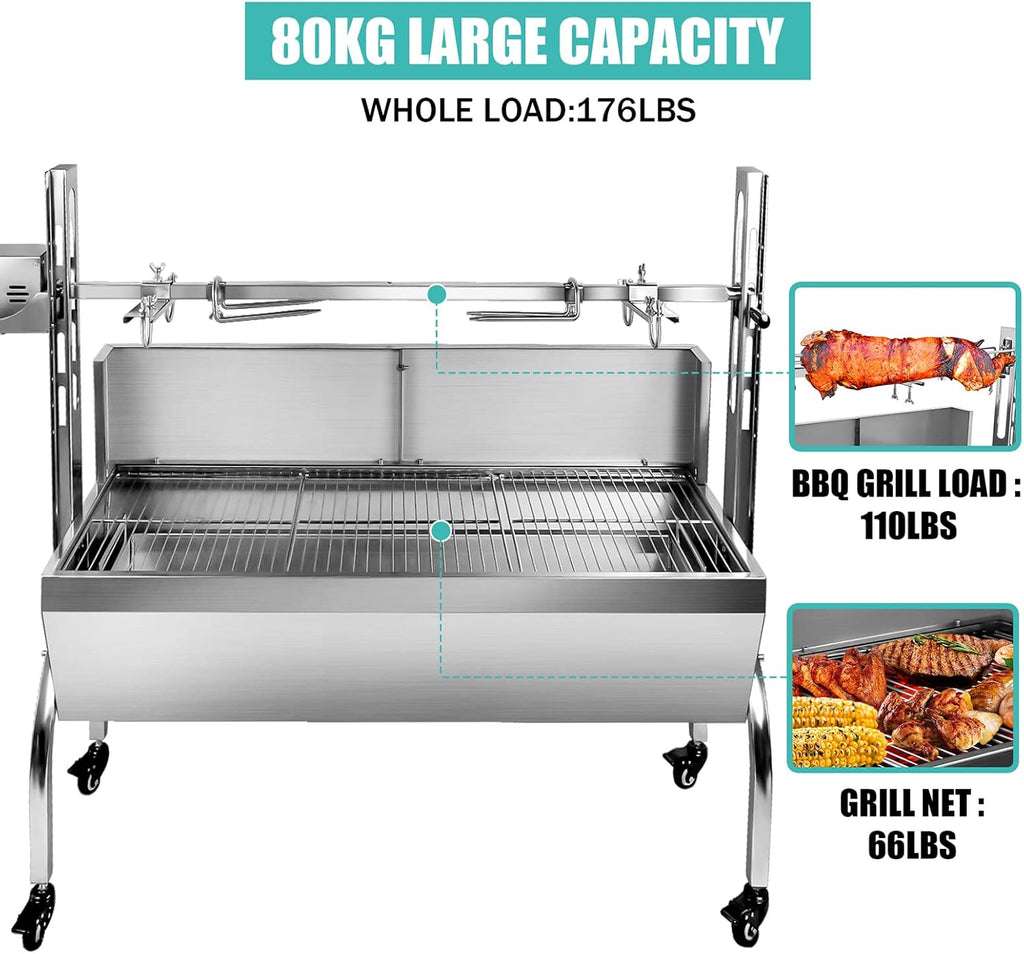 25w 48.6in Electric Rotisserie Grill Portable 176lbs Portable Stainless Steel Rotisserie Grill Roster With Wheels, Motor, Wind Baffle For Pig Chicken Lamb Rotisseries Roasting Machine