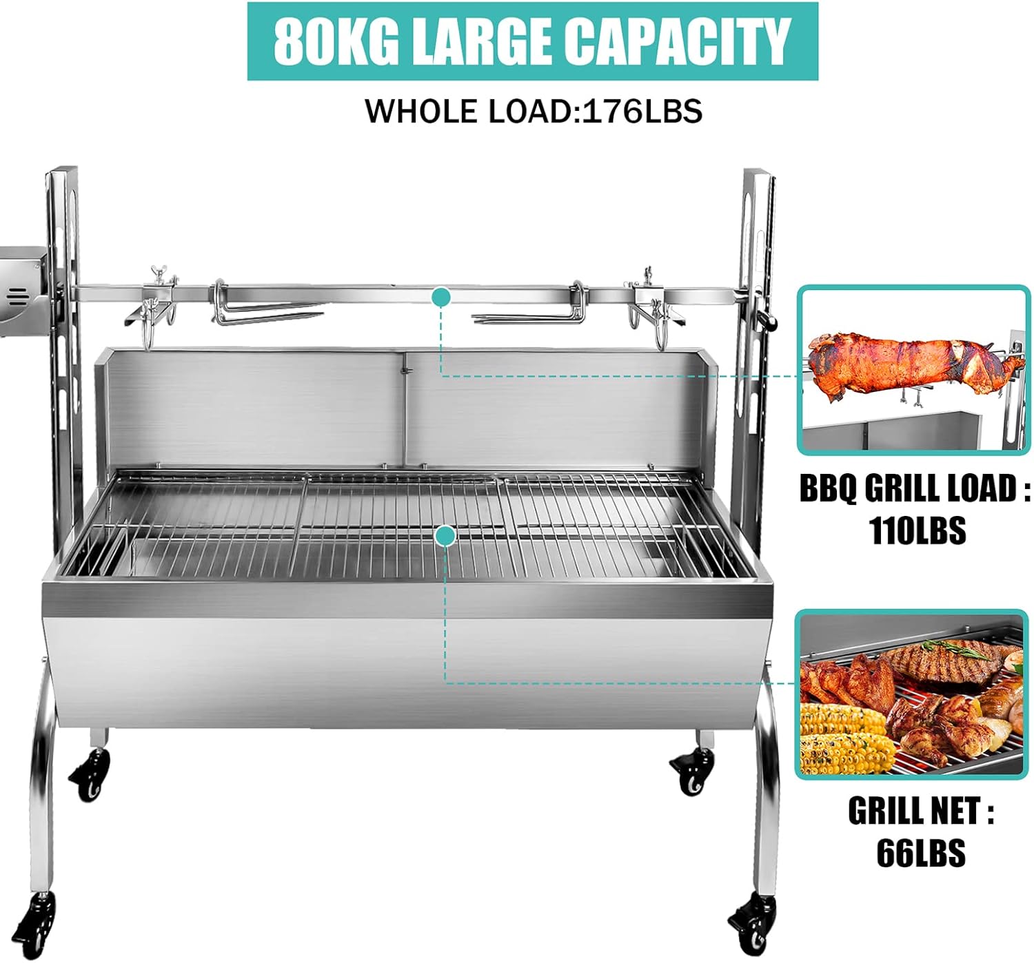 25w 48.6in Electric Rotisserie Grill Portable 176lbs Portable Stainless Steel Rotisserie Grill Roster With Wheels, Motor, Wind Baffle For Pig Chicken Lamb Rotisseries Roasting Machine