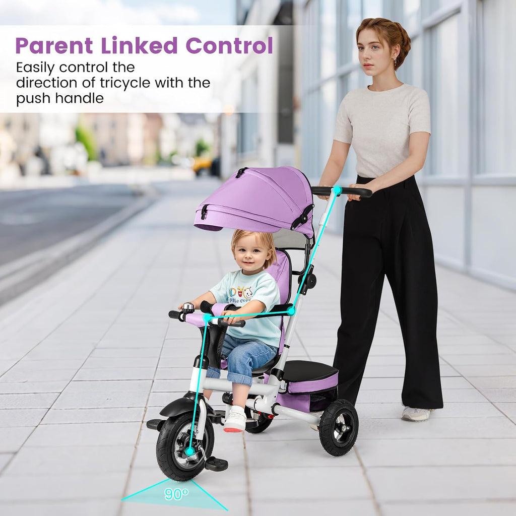 HONEY JOY Tricycle, 5-in-1 Folding Baby Trike Stroller w/Adjustable Handle & Canopy, Reversible Seat, Safety Belt, Folding Pedal, Bell, Storage, Push Tricycle for Toddlers 1-5 Years Old (Purple)