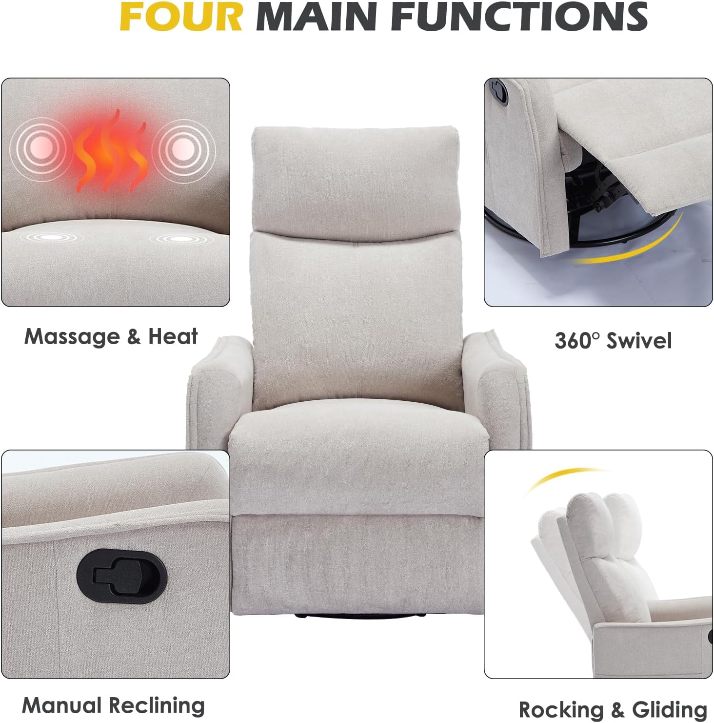Trustyue Swivel Rocker Recliner Chair, 360° Swivel Recliner with Heat and Massage, Rocker Recliner Nursery Glider Chair with Side Pockets for Living Room (Beige, Fabric)