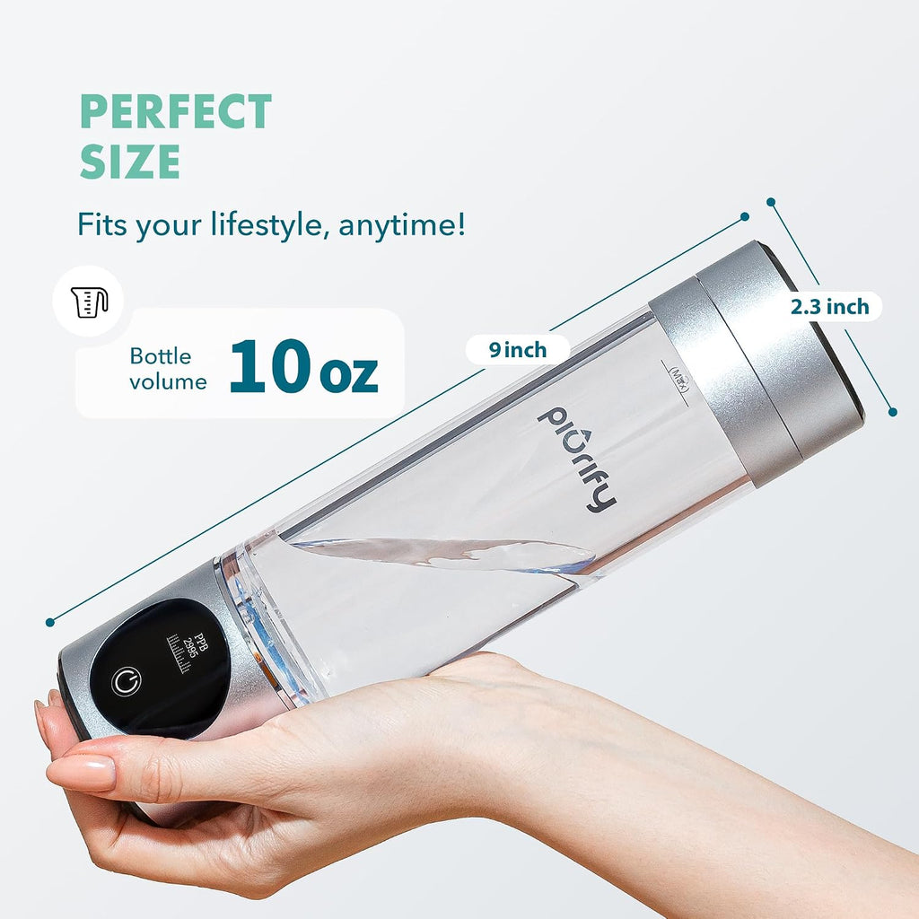 PIURIFY Hydrogen Water Bottle Generator - Up to 4100+ PPB Molecular Hydrogen Infusion - SPE/PEM Technology - Certified H2 Generator - Rechargeable - Extended Warranty - 10 oz (Silver)