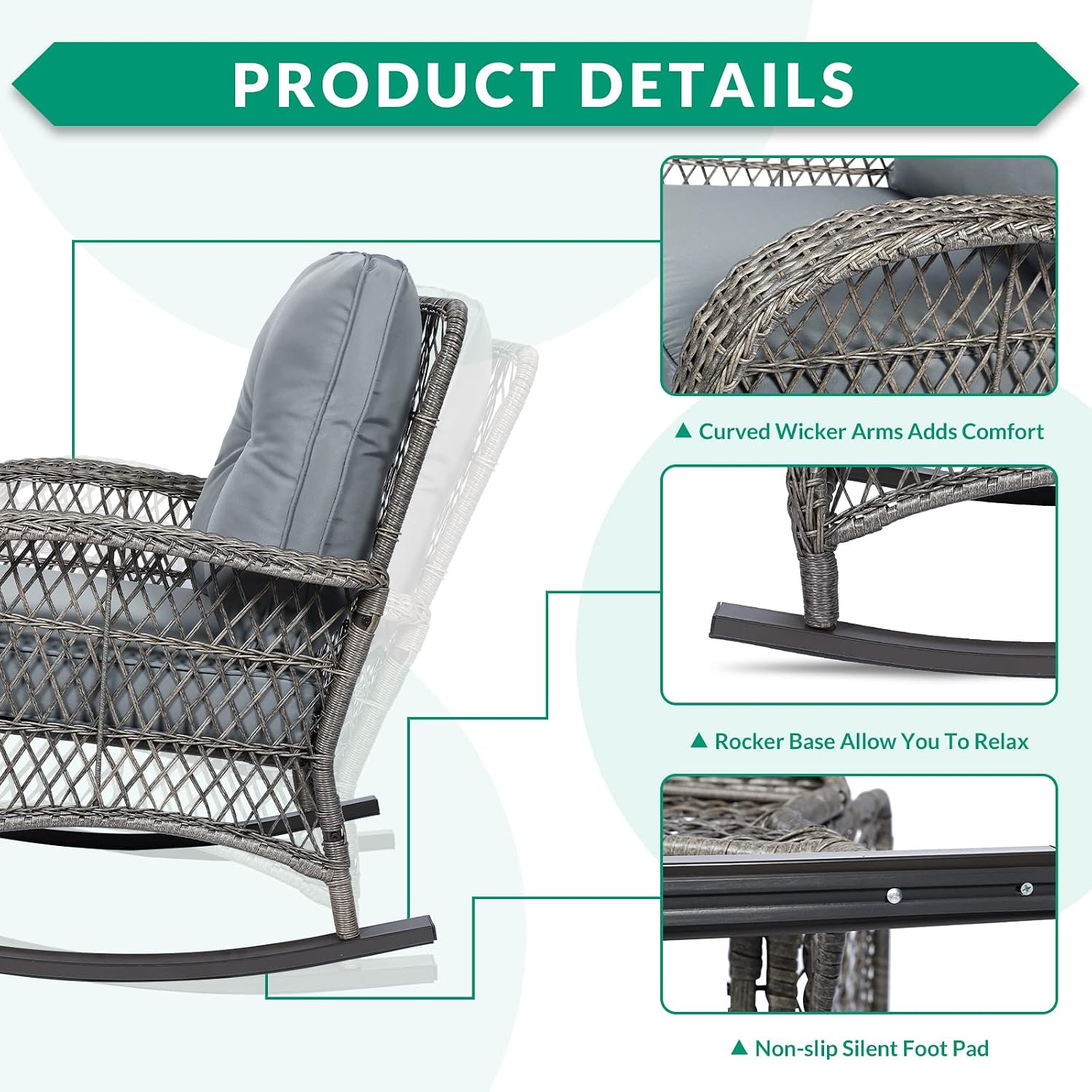 VIVIJASON Outdoor Wicker Rocking Chair, Patio Rattan Rocker Chair with Cushions & Steel Frame, All-Weather Rocking Lawn Wicker Furniture for Garden Backyard Porch (Grey)
