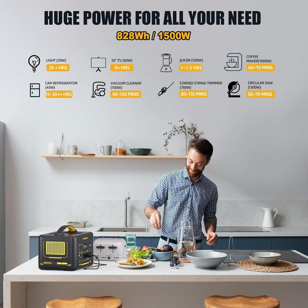 VTOMAN Jump 1500X Solar Generator with 110W Solar Panel, 828Wh Portable Power Station with 3 1500W (Peak 3000W) AC Outlets, 100W USB-C Output Fast Charge for Outdoor Camping, Home Backup, RV Travel