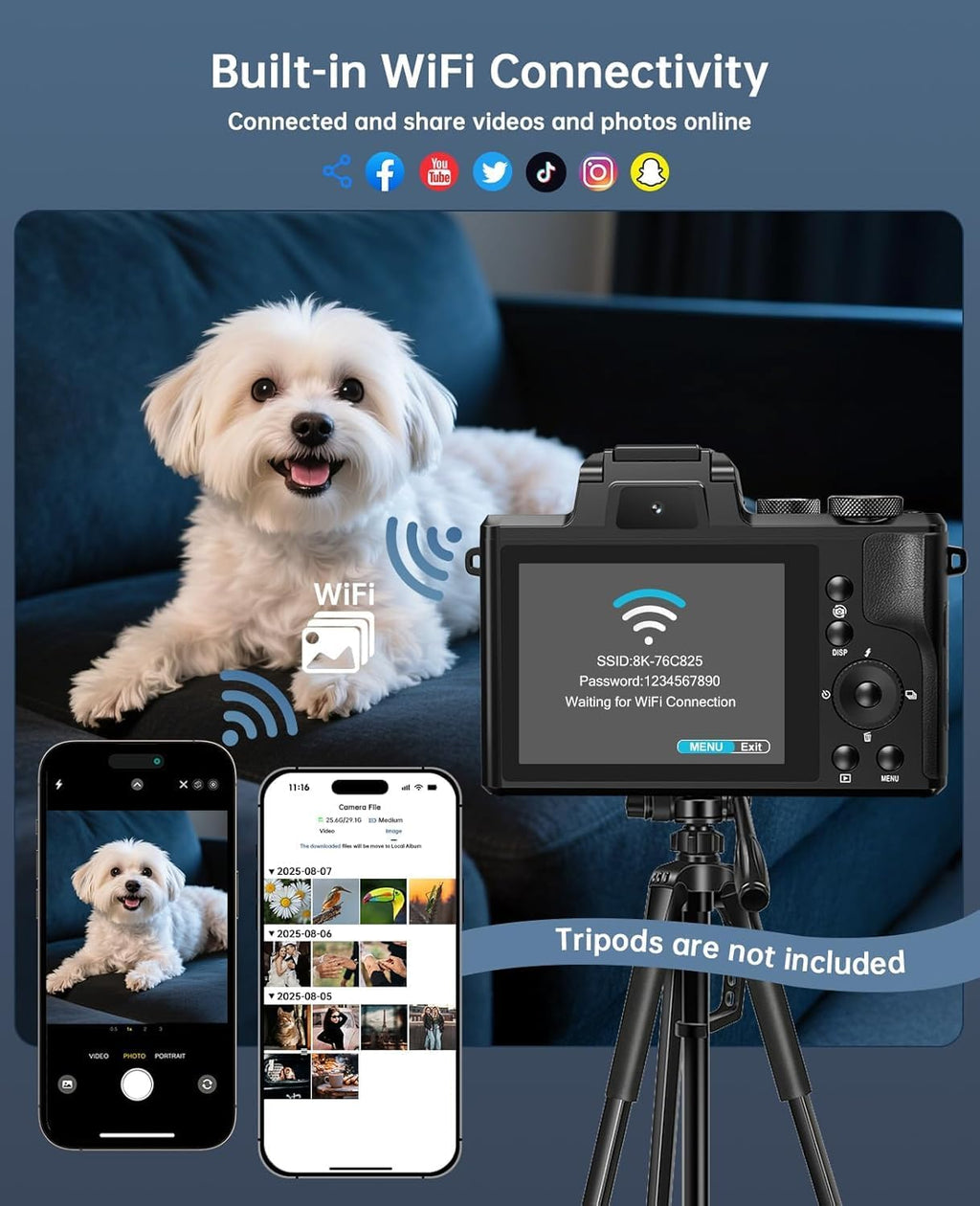 8K Digital Cameras for Photography Autofocus, 2026 Upgrade 88MP WiFi Professional 16X Zoom Photography Camera with Dual-Lens for YouTube, SD Card, Lens Hood, Touch Screen, 2 Batteries & Charging Stand