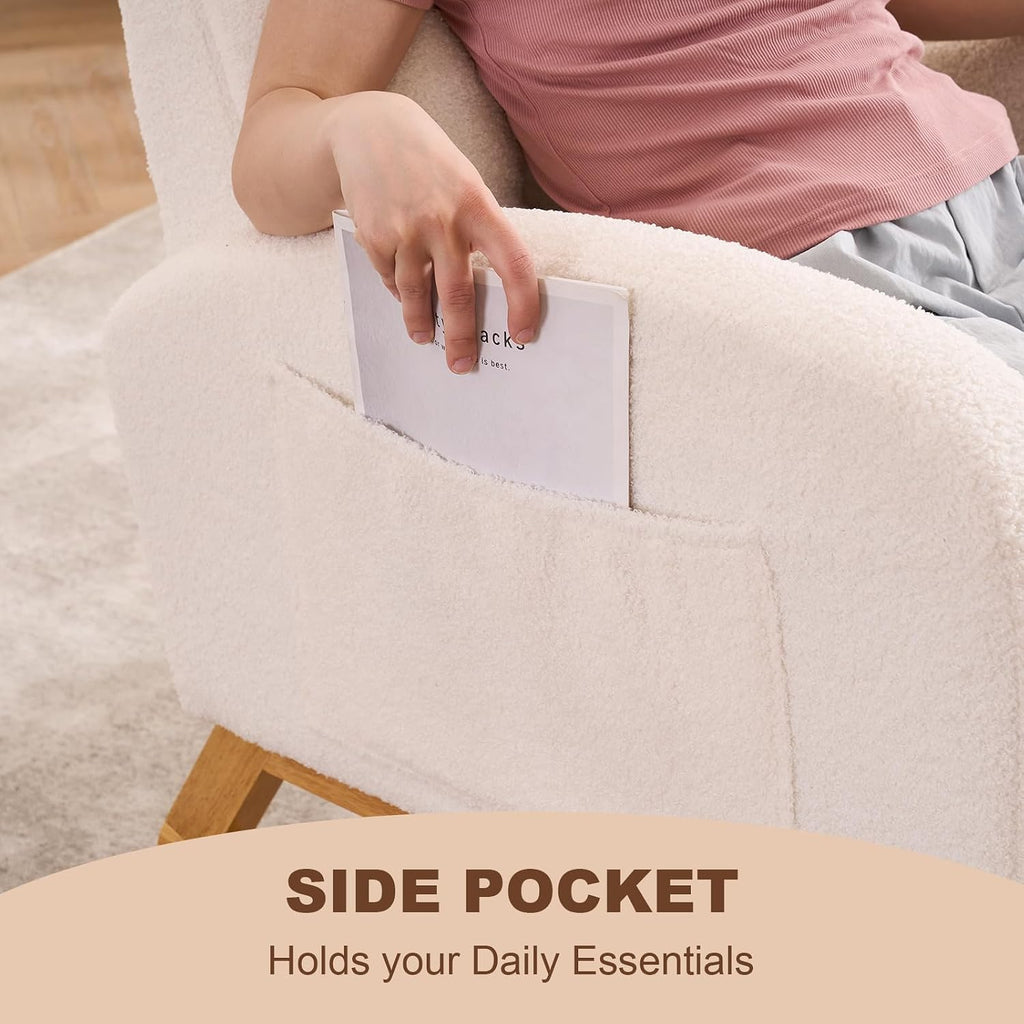 Nursery Rocking Chair,Rubber Wood Base Glider Rocking Chair with Adjustable Footrest and Side Pocket,Teddy Fleece Glider Rocker for Living Room, Bedroom (Teddy Fleece, Beige White)