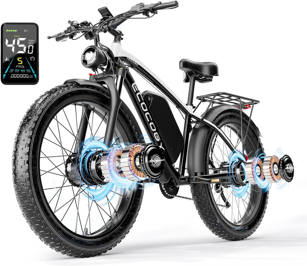 Dual Motor Electric Bikes for Adults, 6000W Peak Ebike, 52V 32Ah, Max 40-45 M P H &100 Miles E-Bike, Hydraulic Disc Brake, 26' Fat Tire Off Road Snow Mountain E-Bikes, 7-Speed Pedal Assist