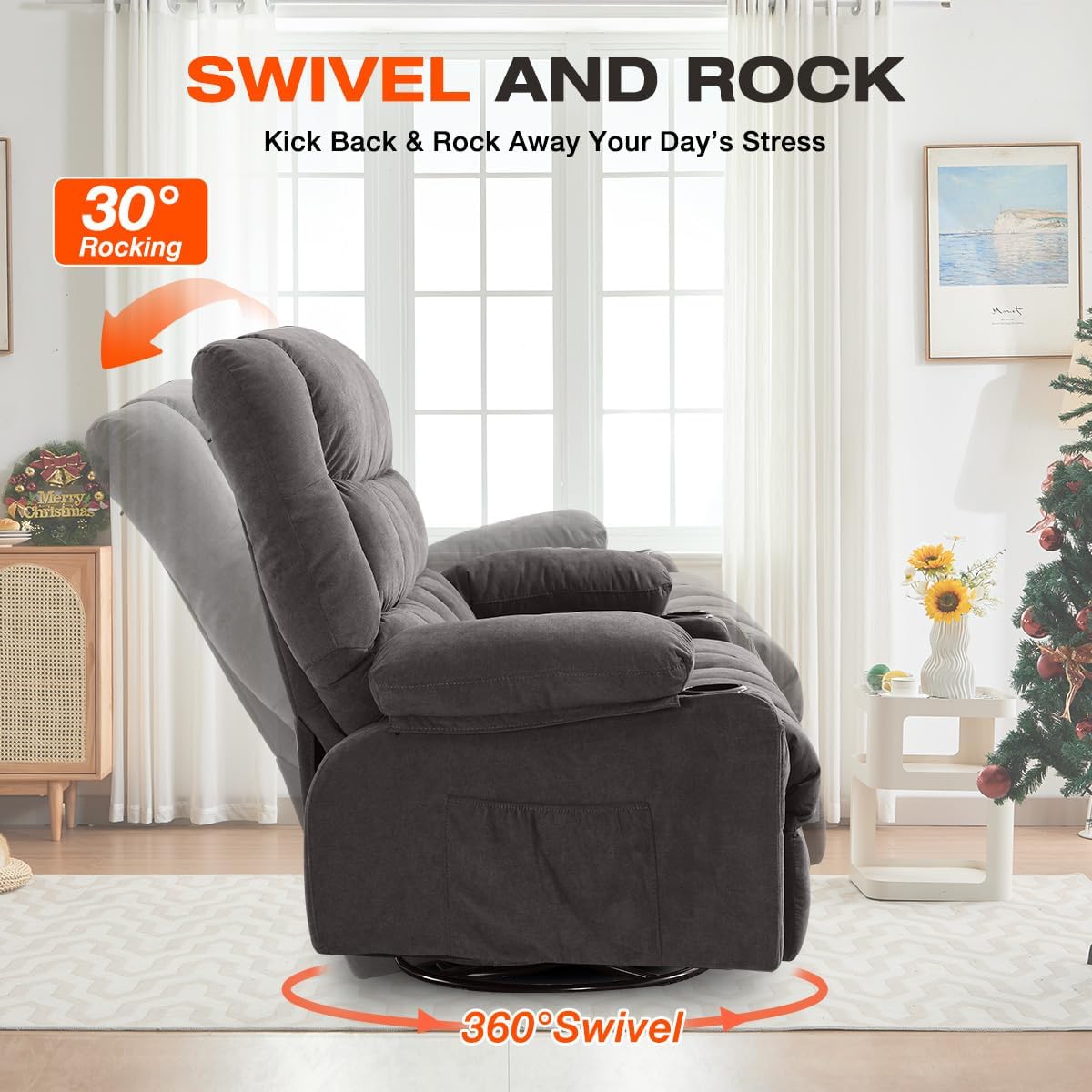 Swivel Recliner Chair for Adults,Oversized Rocker Recliner with Vibration Massage and Lumbar Heat,Ergonomic Rocking Chair with Side Pocket,2 Cup Holders,USB Charge Port for Living Room