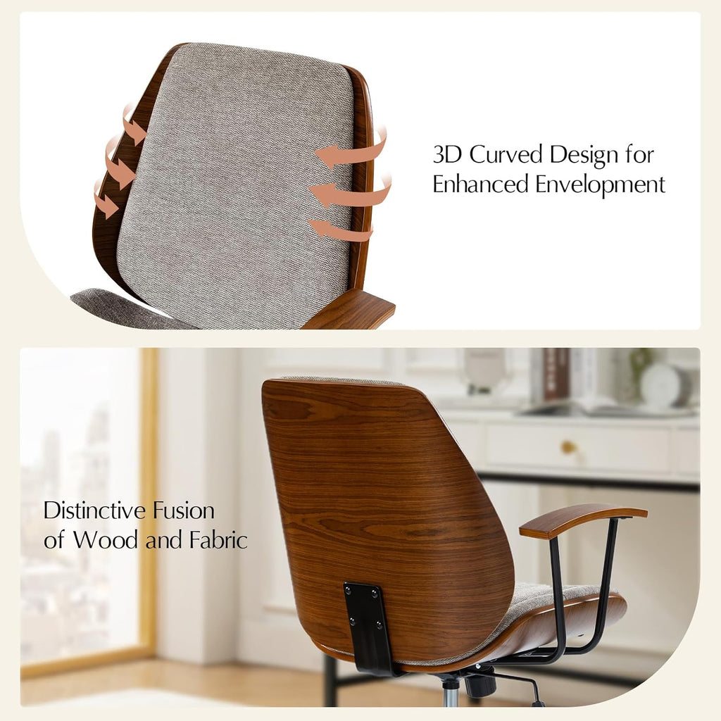 HULALA HOME Solid Wood Office Chair with Rocking Function, Comfy Fabric Desk Chair with Bent Wood and Metal Base, Height Adjustable Swivel Computer Task Chair, Tan