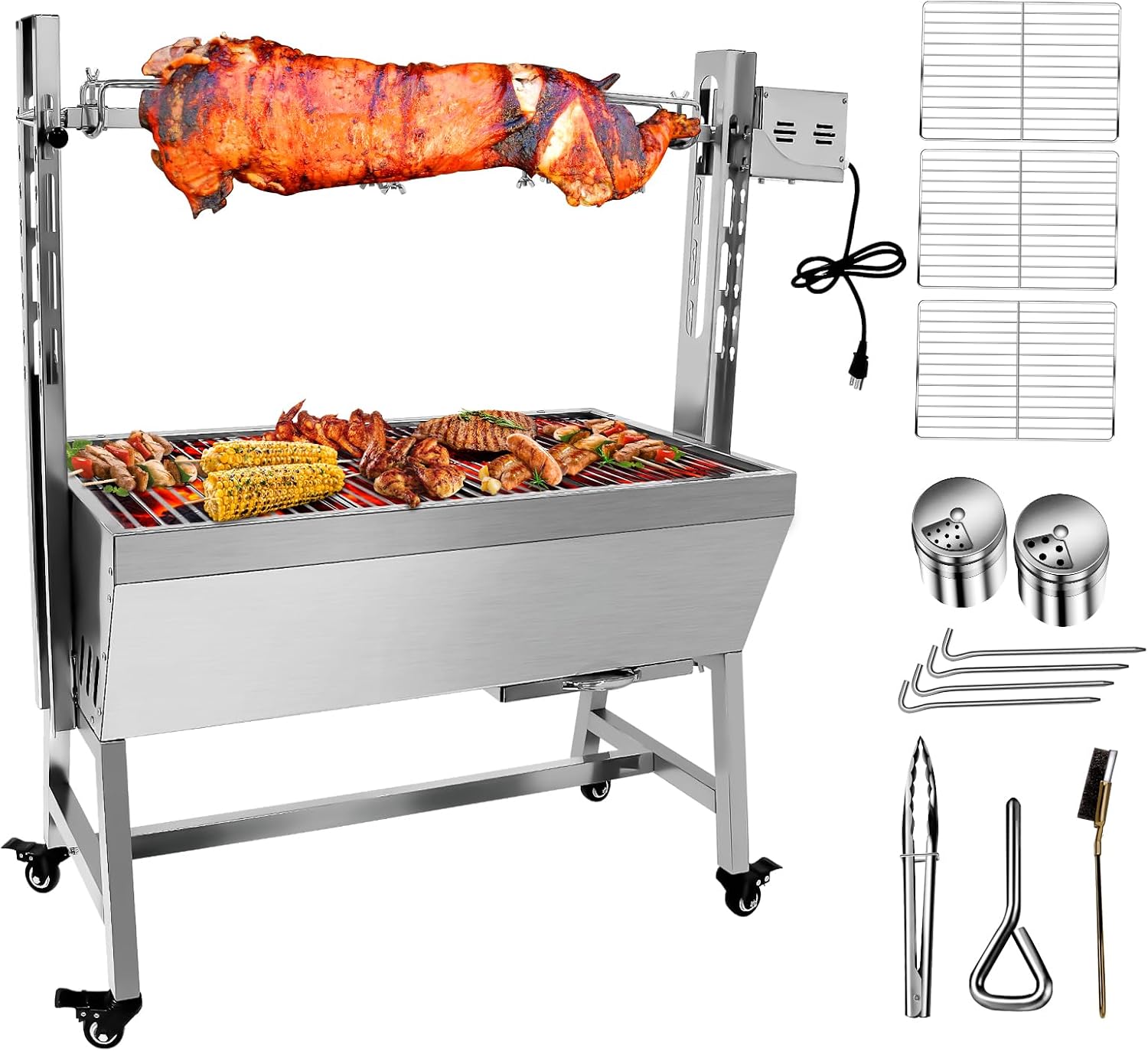 25w 37in Electric Rotisserie Grill Portable 132lbs Portable Stainless Steel Rotisserie Grill Roster With Wheels, Motor, Wind Baffle For Pig Chicken Lamb Rotisseries Roasting Machine