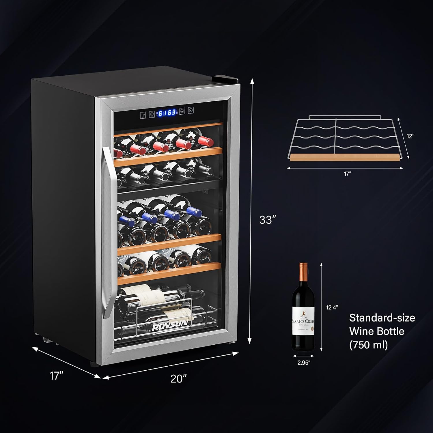 ROVSUN 33 Bottle Wine Fridge, Dual Zone Wine and Beverage Refrigerator with Independent Temp & LED Control Panel, Freestanding Wine Cooler Chiller for Red White Wine, Champagne, Beer