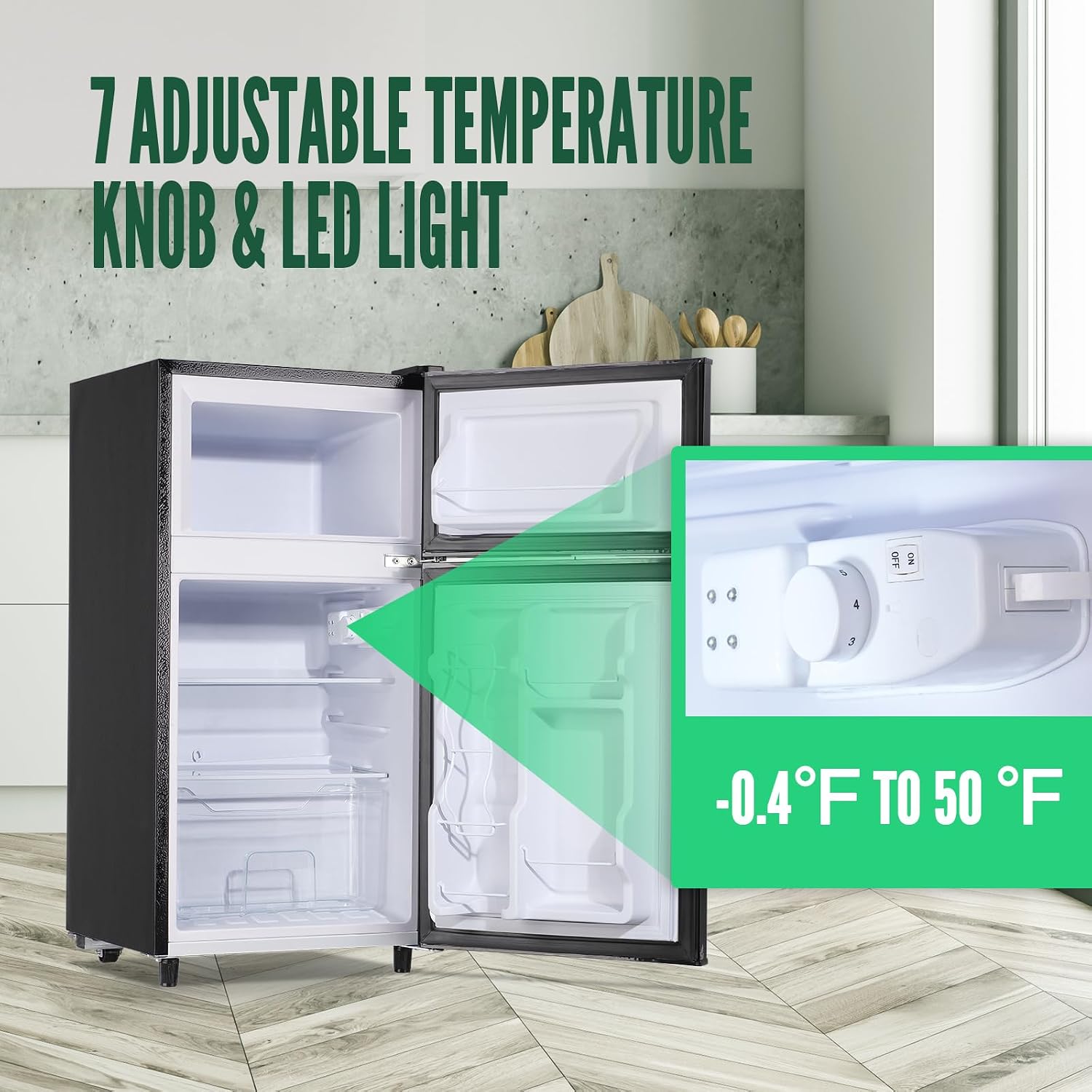 WANAI Mini Fridge with Freezer, 3.5 cubic feet 2- Doors Small Refrigerator Features 7 Gear Mechanical Control, Side Bottle Rack, LED Light, 2 Glass Removable Shelves, Crisper Drawer, Dark Grey