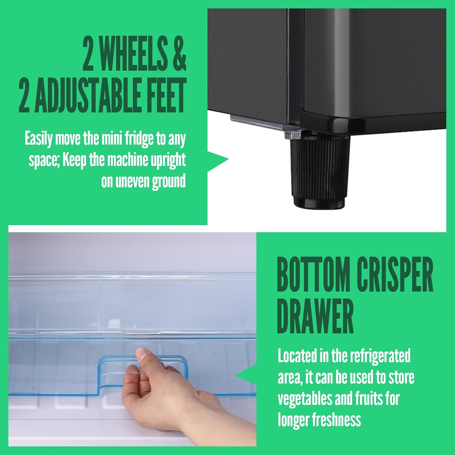WANAI Mini Fridge with Freezer, 3.5 cubic feet 2- Doors Small Refrigerator Features 7 Gear Mechanical Control, Side Bottle Rack, LED Light, 2 Glass Removable Shelves, Crisper Drawer, Dark Grey