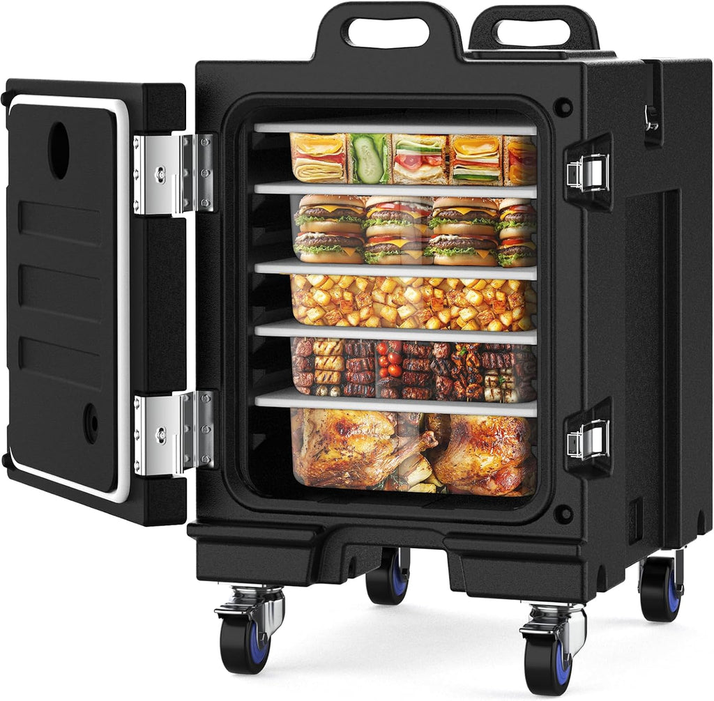 NEEDONE Food Warmer, 81 Qt LLDPE Insulated Food Pan Carrier for Hot/Cold Food, w/Double Buckles, Lockable Wheels, Handles, Stackable Design, Commercial Thermal Hot Box for 5 Full-Size Pans