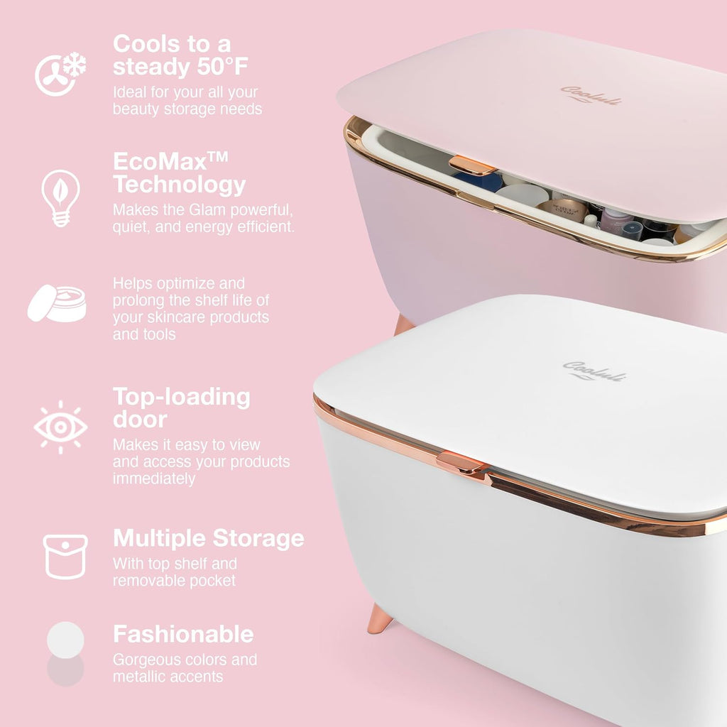 Cooluli Glam 9L Mini Skincare Fridge - White Mini Fridge for Skin Care Accessories, Makeup, Cosmetics and Facial Masks Storage - Ideal Birthday and Christmas Gift for Women and Teen Girls