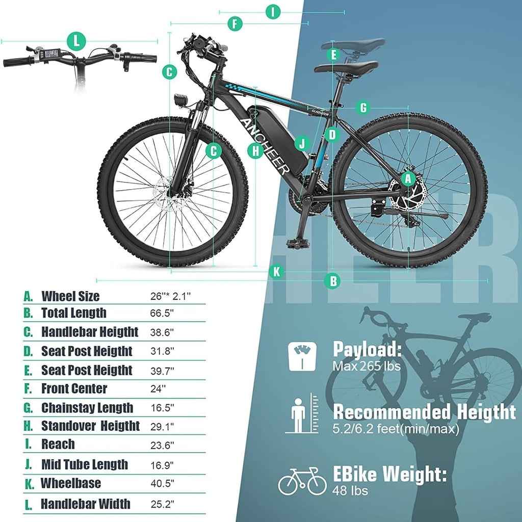 ANCHEER 26' Electric Bike for Adults, Peak 749W Ebike, 19.8MPH Electric Bicycle with 48V 374Wh / 48V 499Wh Battery(3H Fast Charge), LCD Display, Front Suspension, UL2849 Compliant