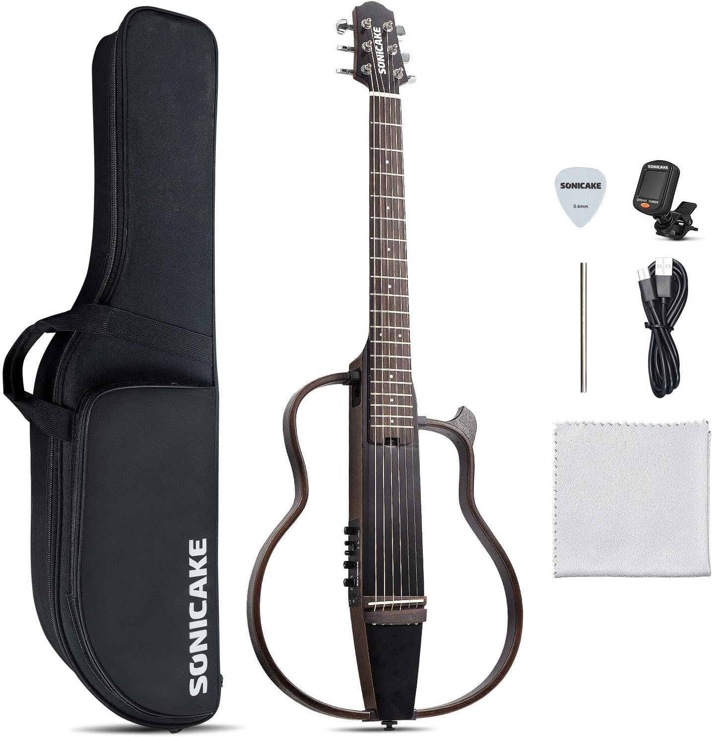 SONICAKE Acoustic Electric Travel Guitar, Portable Practice Guitar Kit, Solid Mahogany Body, Easy Assemble Frames, Multi Body-Shape Sim Rechargeable Preamp, Gig Bag, All Accessories QGT-01