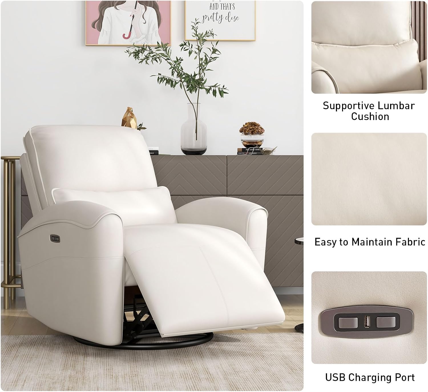 Bonzy Home Power Swivel Rocker Recliner Chair with USB Port, 23.2' Wide Seat, Fixed Lumbar Support, Upholstered Glider Chair for Nursery Living Room, Beige