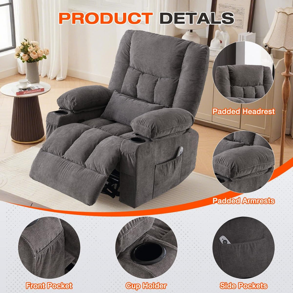 Swivel Recliner Chair for Adults,Oversized Rocker Recliner with Vibration Massage and Lumbar Heat,Ergonomic Rocking Chair with Side Pocket,2 Cup Holders,USB Charge Port for Living Room