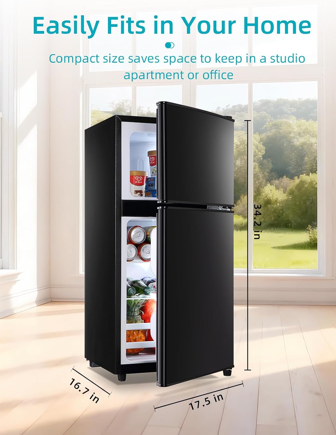 KRIB BLING 3.5 Cu.Ft Refrigerator with Freezer, 2 Doors Fridge with Adjustable Thermostat Control, Refrigerator for Kitchen, Dorm, Apartment, Garage, Office, Black
