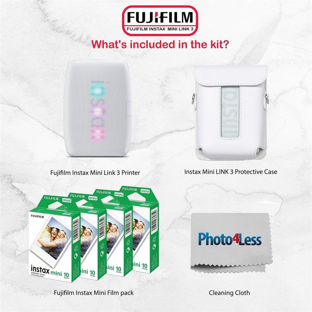 Fujifilm Instax Mini Link 3 Printer Bundle Instax Mini Film (40 Sheets), Link 3 Protective Case (Clay White)