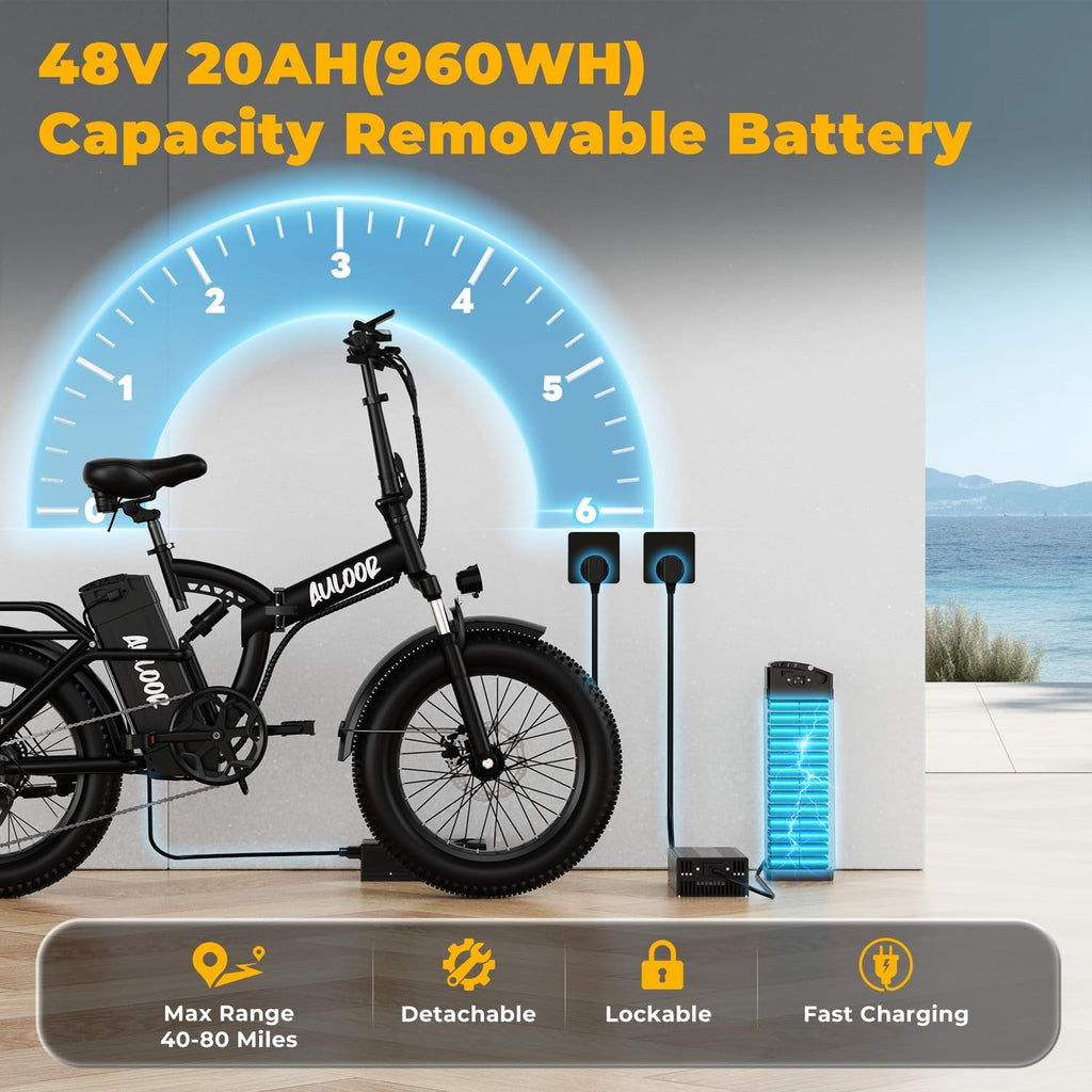 Foldable Electric Bike for Adults, 48V 20Ah Removable Lithium Battery up to 80Miles, 20' Fat Tire 1000W Peak Motor Dirt Ebike Adult Electric Bicycle for Commute Beach Mountain E Bike