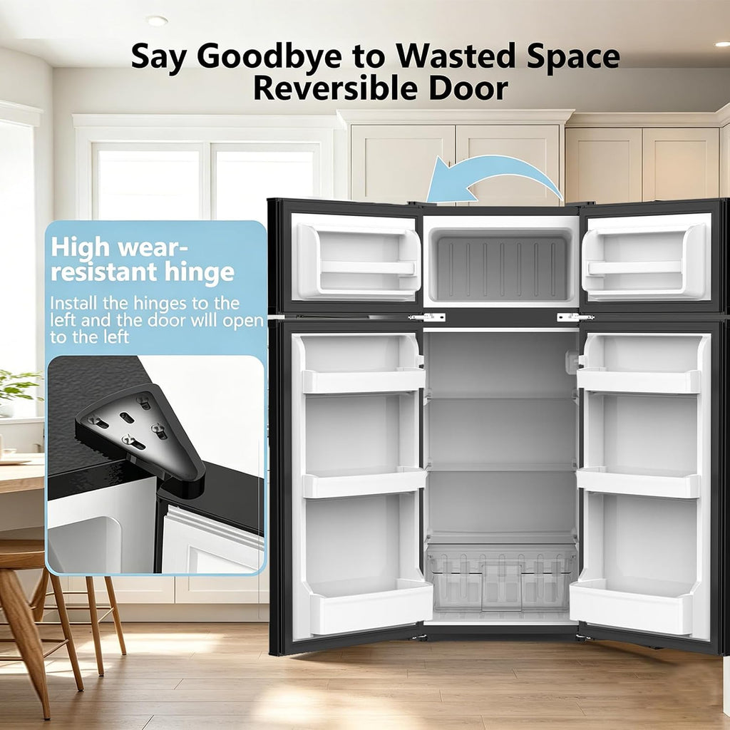 4.5 Cu.Ft Mini Fridge with Freezer, 2 Door Compact Refrigerator, Small Fridge with Adjustable Thermostat Energy Ultra Quiet, Mini Fridge Removable Glass Shelves for Bedroom Office Dorm-Satin Black