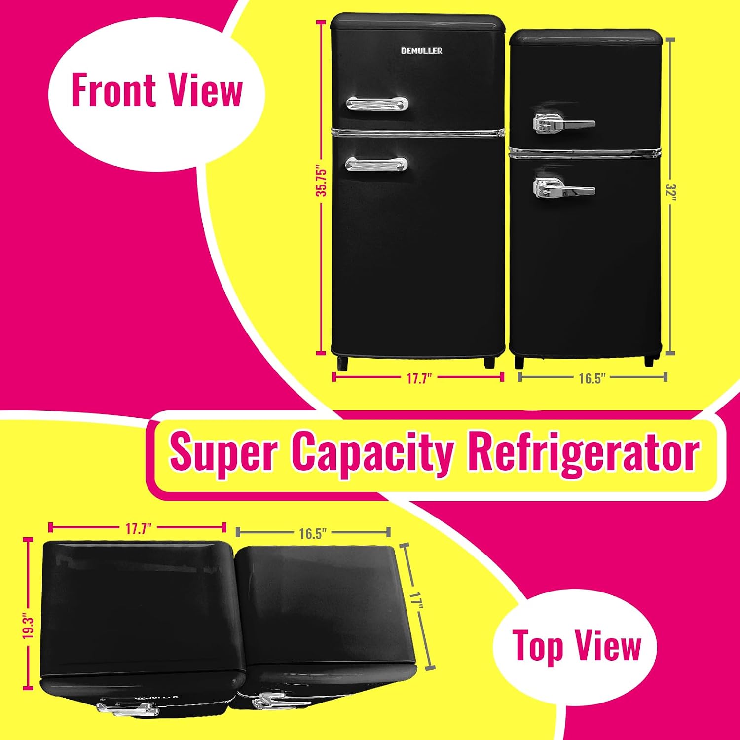 DEMULLER Mini Fridge Dual Door Refrigerator with Freezer, 3.5 Cu.Ft Compact Refrigerator with Handle, Adjustable Temperature & Removable Glass Shelves, for Apartment/Dorm/Office/RV, Black