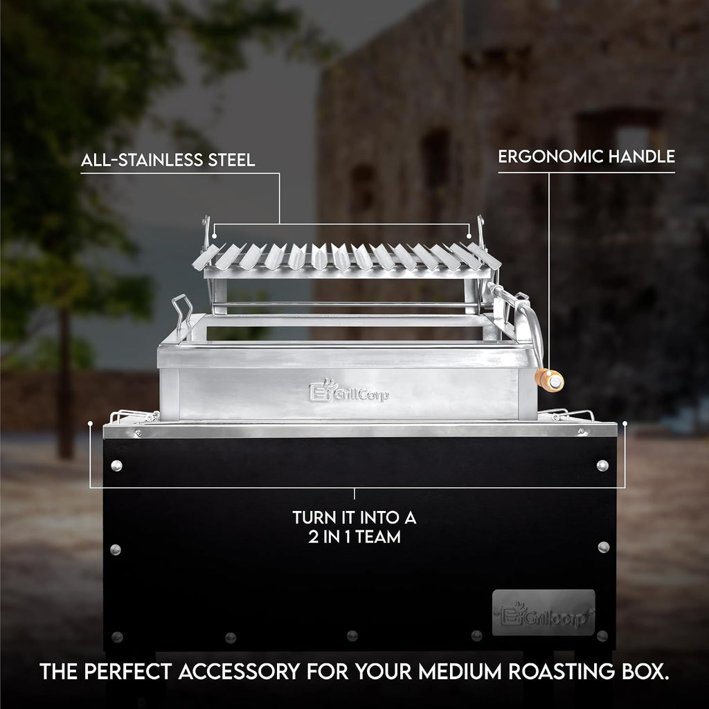 Medium Argentine Grill – Portable & Built-in 100% Stainless Steel BBQ with Lifting System & Drip Pan – Fits Medium Grillcorp Roasting Box – Outdoor Cooking & Camping Accessory