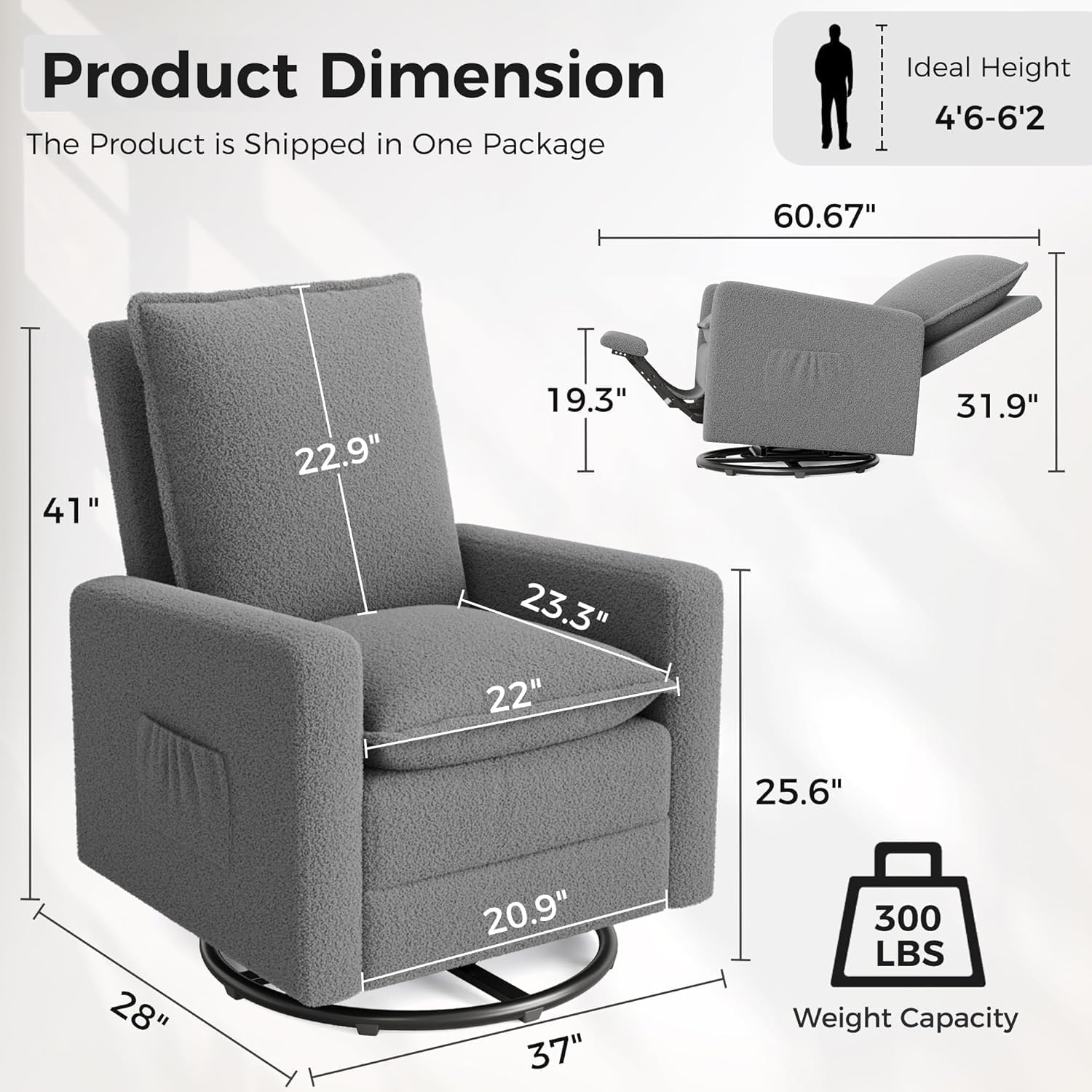 Amopatio Swivel Glider Recliner for Indoor, Nursery Rocker Chair Upholstered Single Sofa with Side Pockets and Footrest for Living Room Bedroom