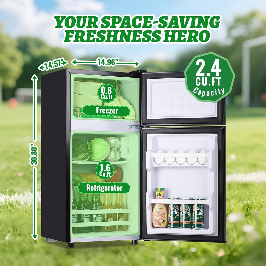 DEMULLER 2.4 Cu.ft Mini Fridge with Top Freezer Apartment Size Dual Door Compact Refrigerator for Personal Use Small Fridge with Egg tray, 7 Temperature Control For Dorm, Black