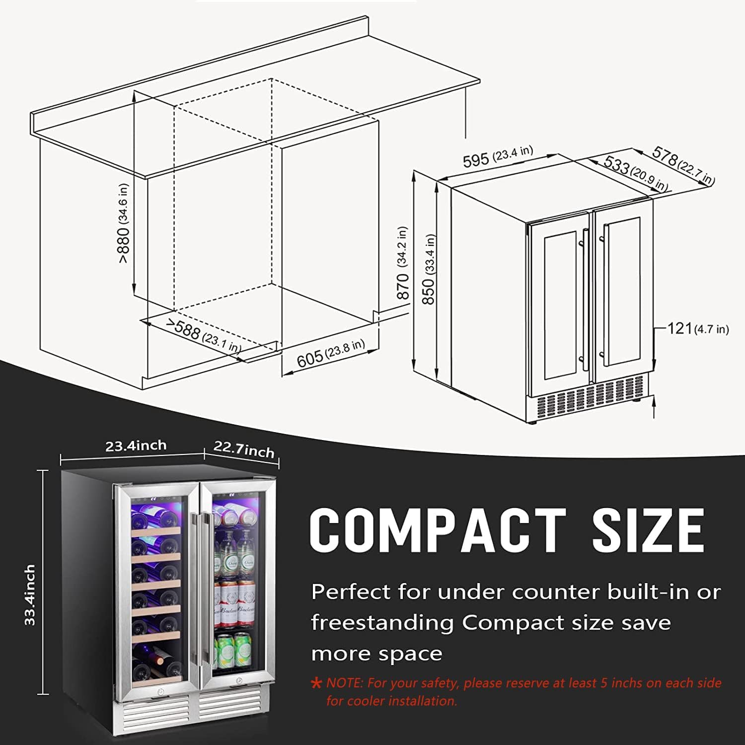 Antarctic Star Wine and Beverage Refrigerator, 24 Inch Dual Zone Wine Cooler with Glass Door, Built in or Under Counter Wine Fridge with Blue LED Light,18 Bottles and 66 Cans Capacity Beverage Cooler