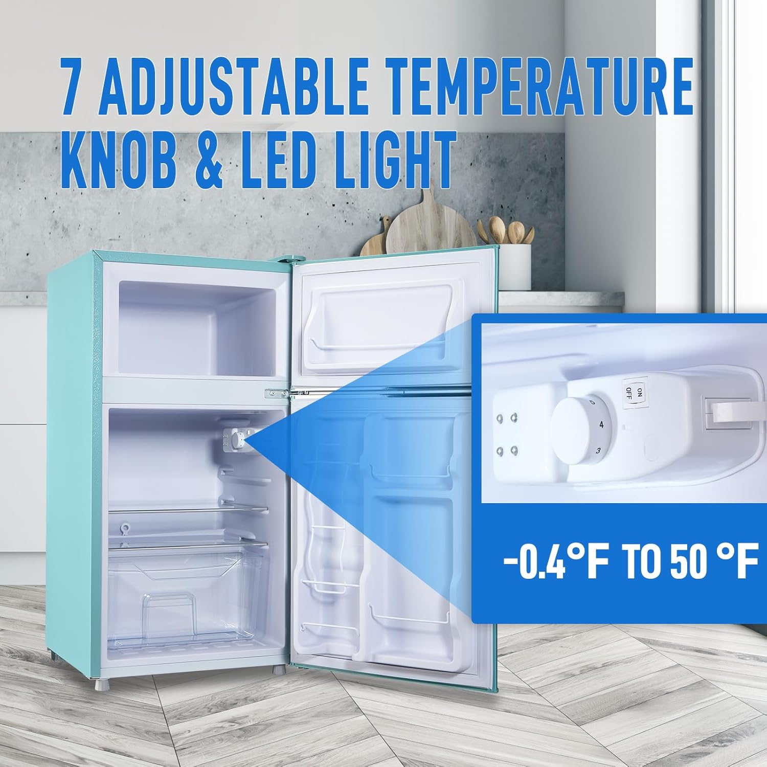 WANAI 2 Door 2 Handle Refrigerator with Freezer-on-top, Spacious 3.5 Cubic Feet Capacity Fridge with 7-Level Adjustable Thermostat & 2 Removable Shelves Blue