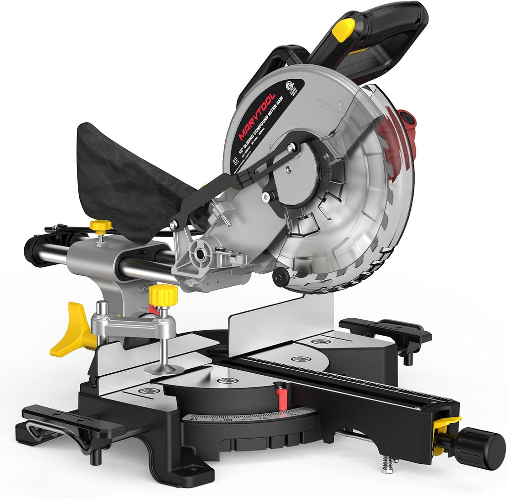 10-inch Sliding Compound Miter Saw, 5000RPM, 15 Amp, Single Bevel 0-45° with Extension Table, 36T Blade, Power Saw for Metal, Plastic, Wood, Laminates