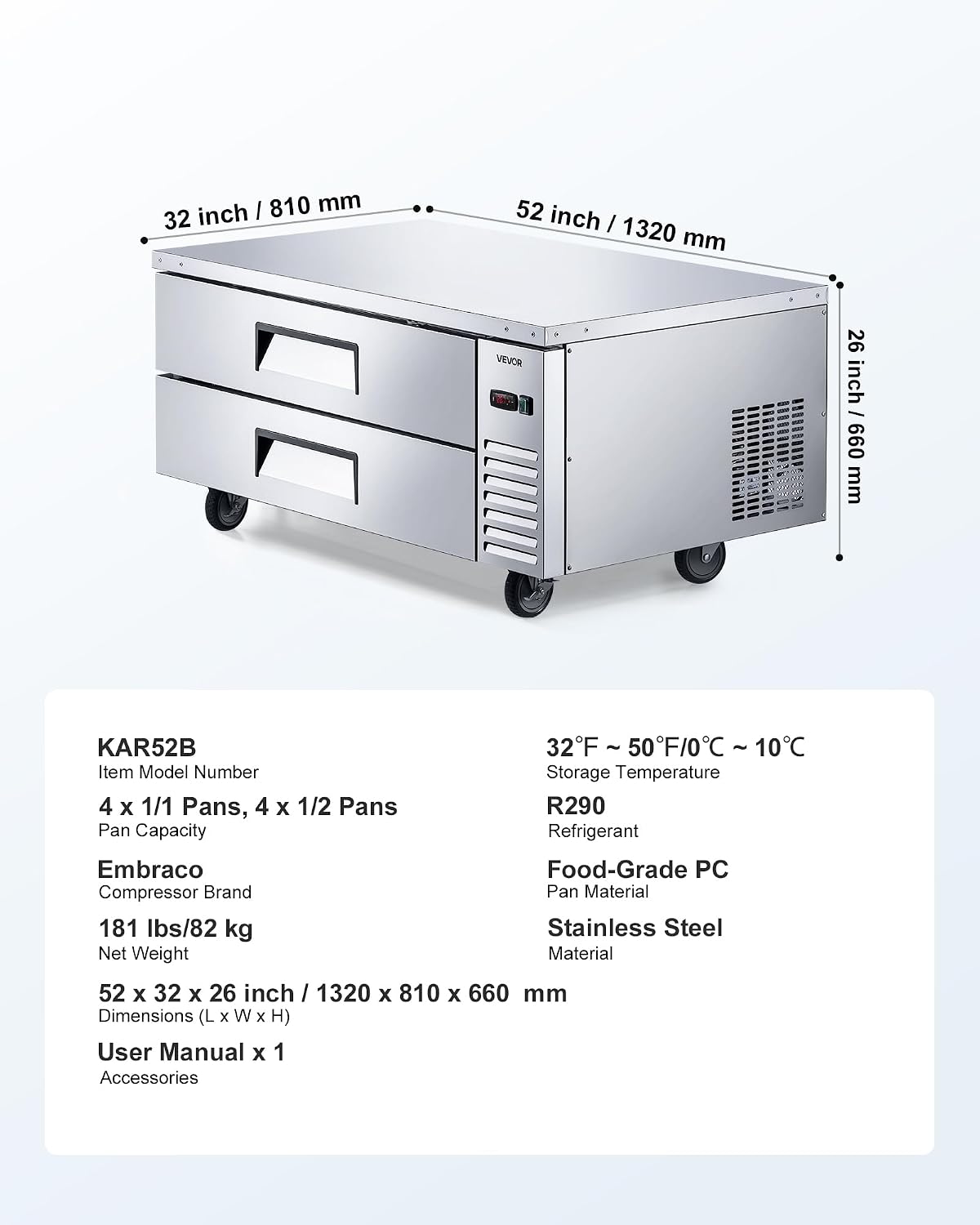 VEVOR Chef Base Refrigerator, 52' W Commercial Chef Bases Worktop Refrigerators, 2-Drawer Under Counter Fridge with 8 Pans Stainless Steel, Heavy-Duty Refrigerated Base, Invisible Door Handle