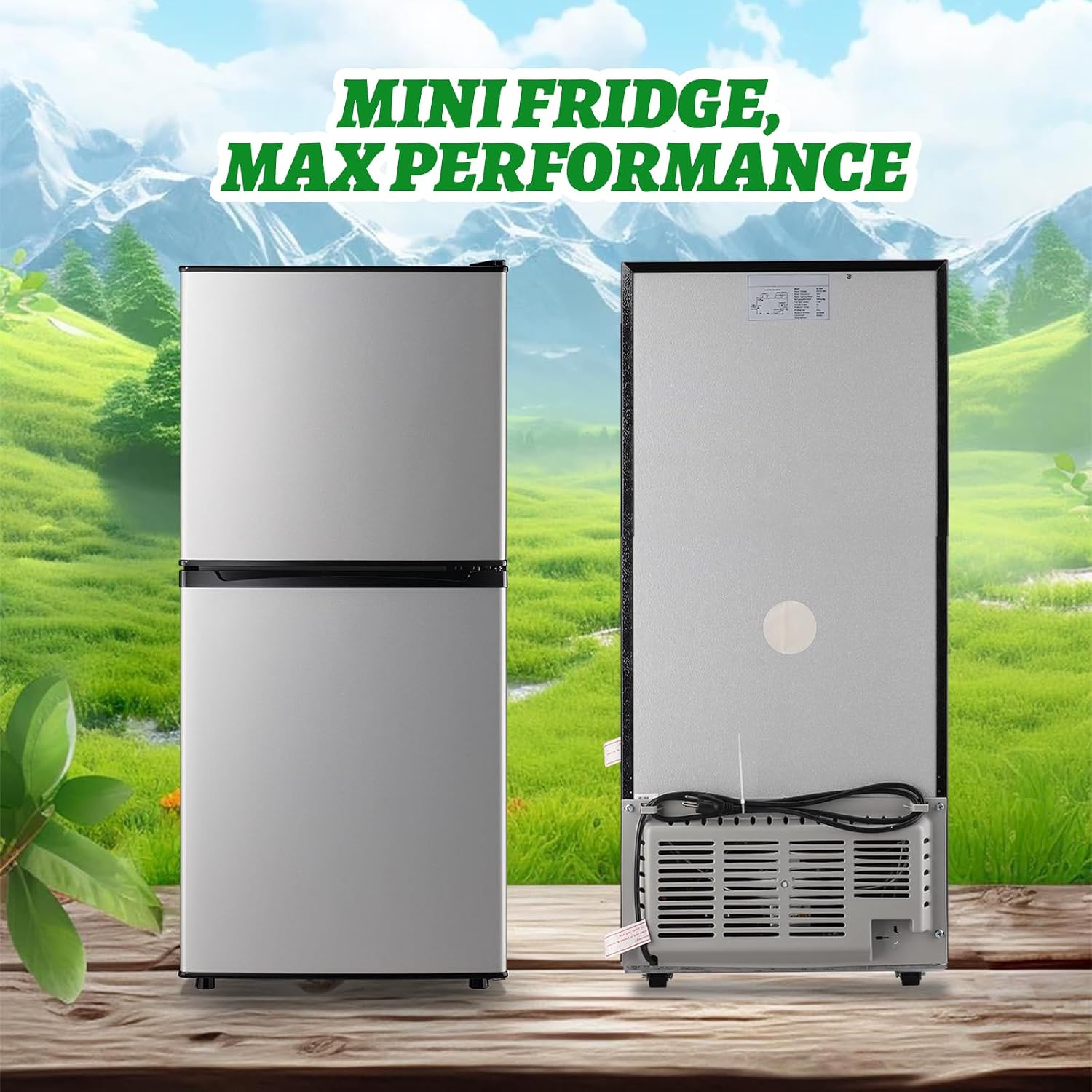 DEMULELR 3.9Cu.ft Refrigerator with Freezer Black Two Door Mini Fridge with Crisper Drawer & Extra Drink Space, LED Light, Full-Size Fridge for Dorm Office 17.5'D x 17'W x 40'H，Silver