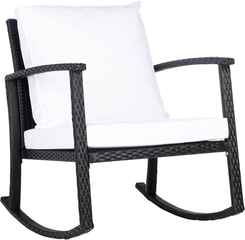 SAFAVIEH Outdoor - Daire Rocking Chair - Black & White - Steel Frame & Faux Rattan with Cushion - Open-Frame Design - Ideal for Patio, Deck, Porch, Backyard, 14.4' Seat Height (PAT7721A)
