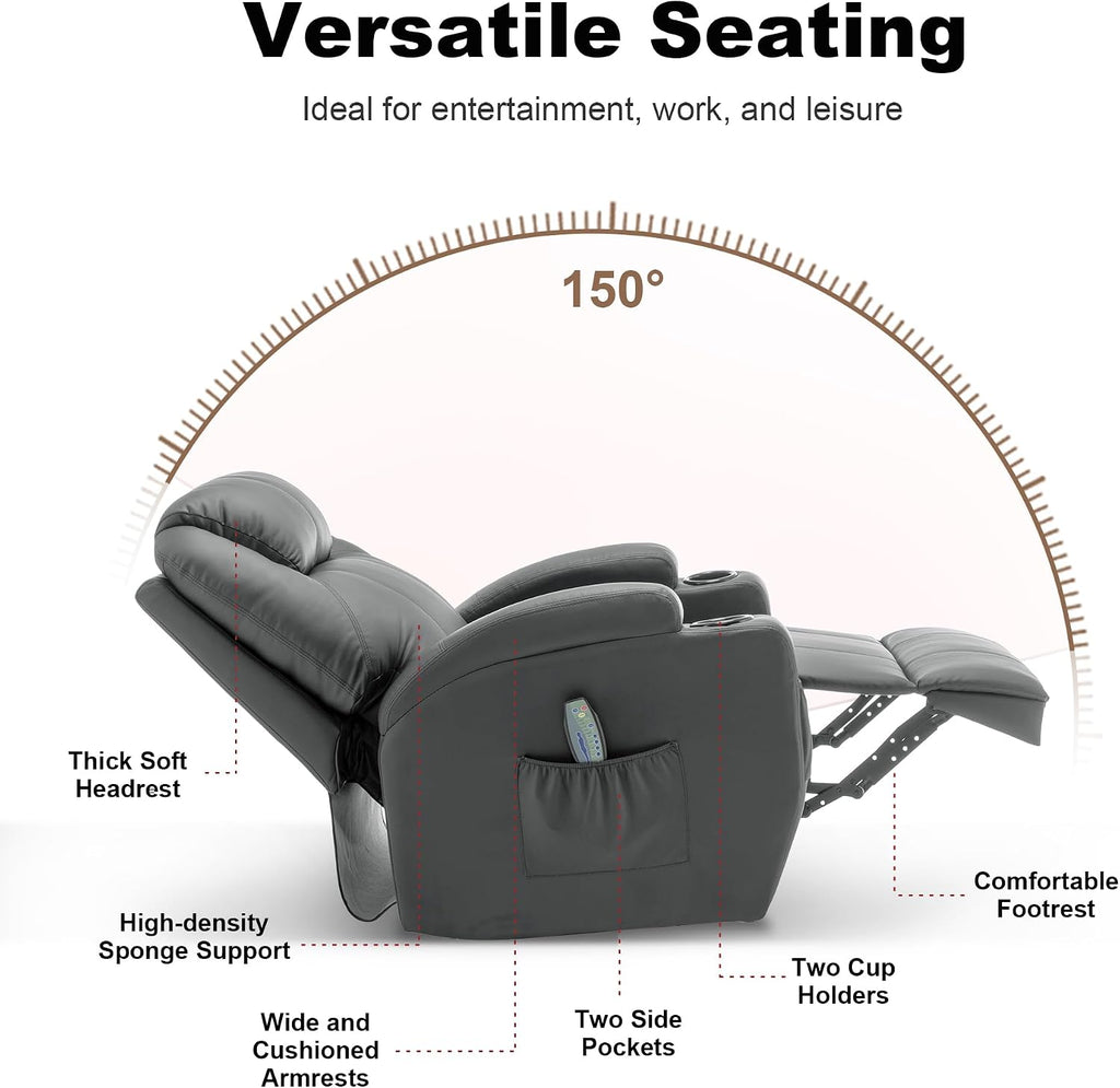Korser Recliner Chair, Rocking Chair with Massage and Heat, 360° Swivel Recliner Chairs for Adults, Rocker Manual Recliner with Remote Control and Cup Holder for Living Room, Bedroom, Nursery