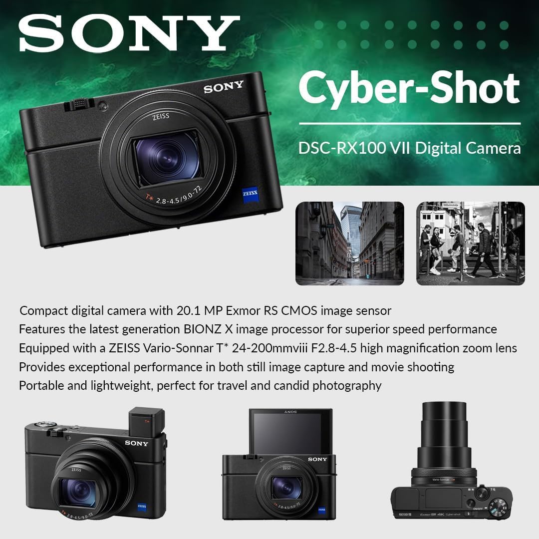 Sony Cyber-Shot RX100 VII Digital Camera, 20.1MP 1' Stacked CMOS Sensor, ZEISS Vario-Sonnar T 24-200mm f/2.8-4.5 Lens, 4K Video, Bundle with 64GB SD Card, Camera Bag, Sony 1-Year Warranty