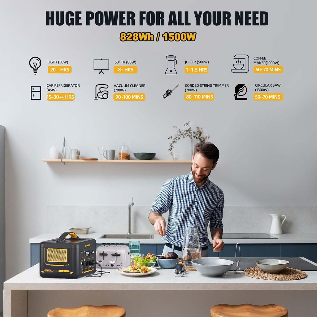 VTOMAN Jump 1500X Portable Power Station with Jump Start, 828Wh LiFePO4 Battery 1500W AC Outlets (3000W Surge) /100W USB-C Output Fast Charge, Solar Generator for for Outdoor, Camping, Outages Backup