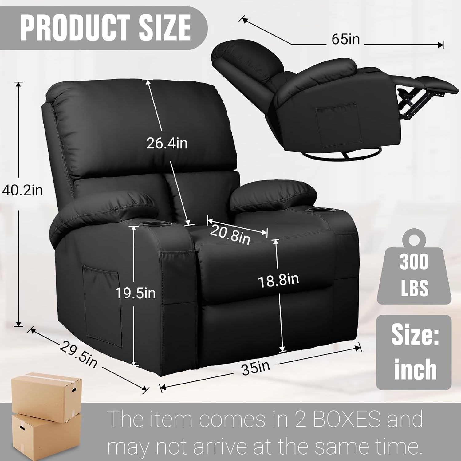 LAFWELL Rocking Recliner Chair, Massage Rocker Recliner Chair with Vibration Massage and Heat, 360° Swivel Faux Leather Chairs, Living Room, Bedroom, Nursery, RV, Black