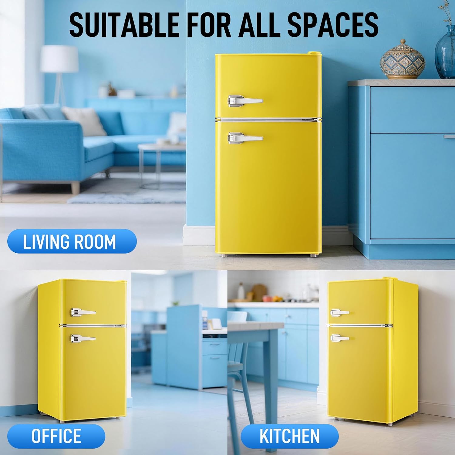 WANAI 2 Door 2 Handle Mini Refrigerator with Freezer-on-top, Spacious 3.5 Cubic Feet Capacity Small Fridge with 7-Level Adjustable Thermostat & 2 Removable Shelves Yellow