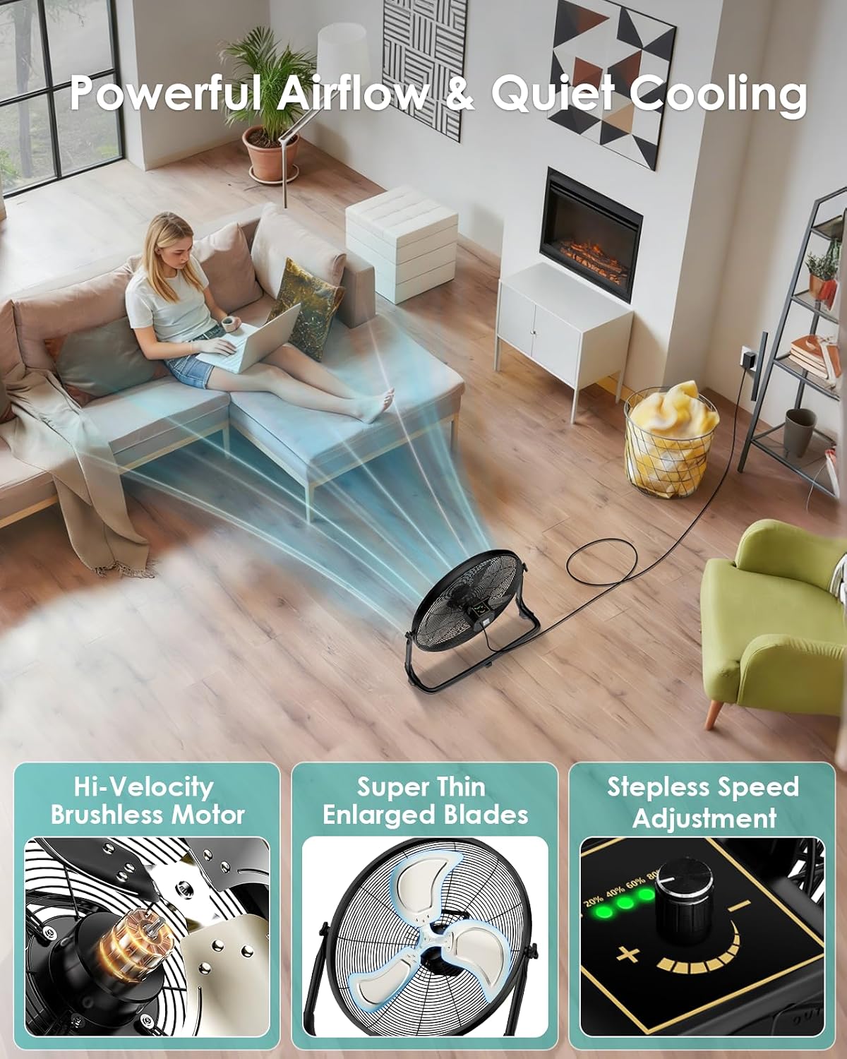 20' Large Battery Fan, Portable Battery Operated Floor Fan, Rechargeable Battery Powered Wireless Camping Fan, Waterproof, Hi-airflow, Cordless, for Home Outdoor Garage Gym Patio Travel RV