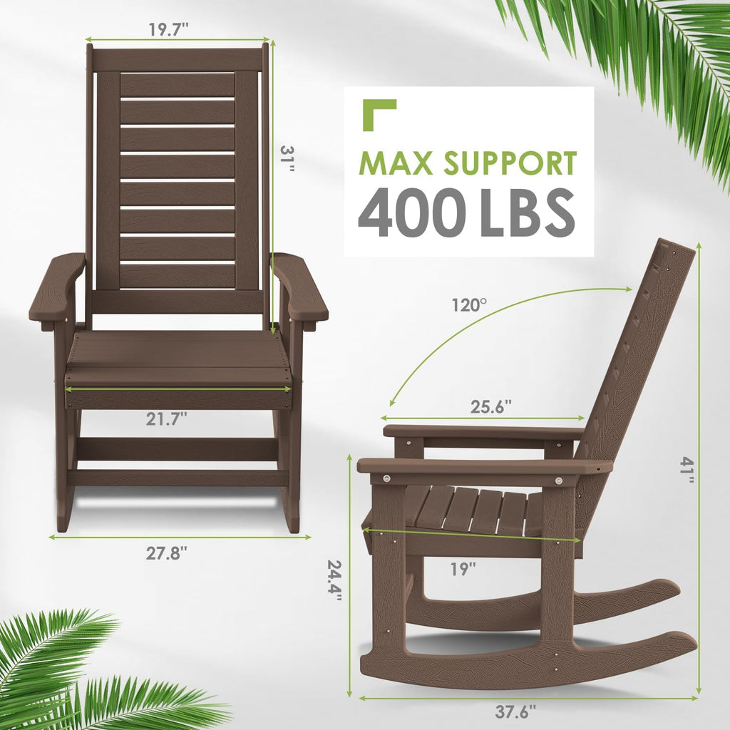 GREENVINES Outdoor Rocking Chairs | Porch Rocker | HDPE Plastic | Wood Grain | Oversized Rockers | High Back | Big & Tall | Ladder Back | Dark Brown | for Patio Outside