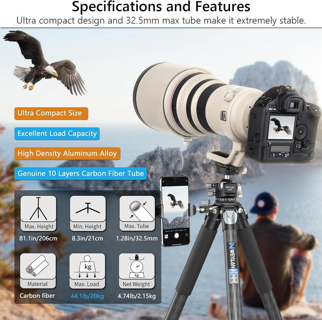 Carbon Fiber Heavy Duty Tripod WEYLLAN 81'' Professional Tripods for Camera, 10-Layer Carbon Fibre Tube, 32.5mm Leg with Low Profile Tripod Ball Head for Canon Nikon Sony, DSLR SLR Digital Camcorder