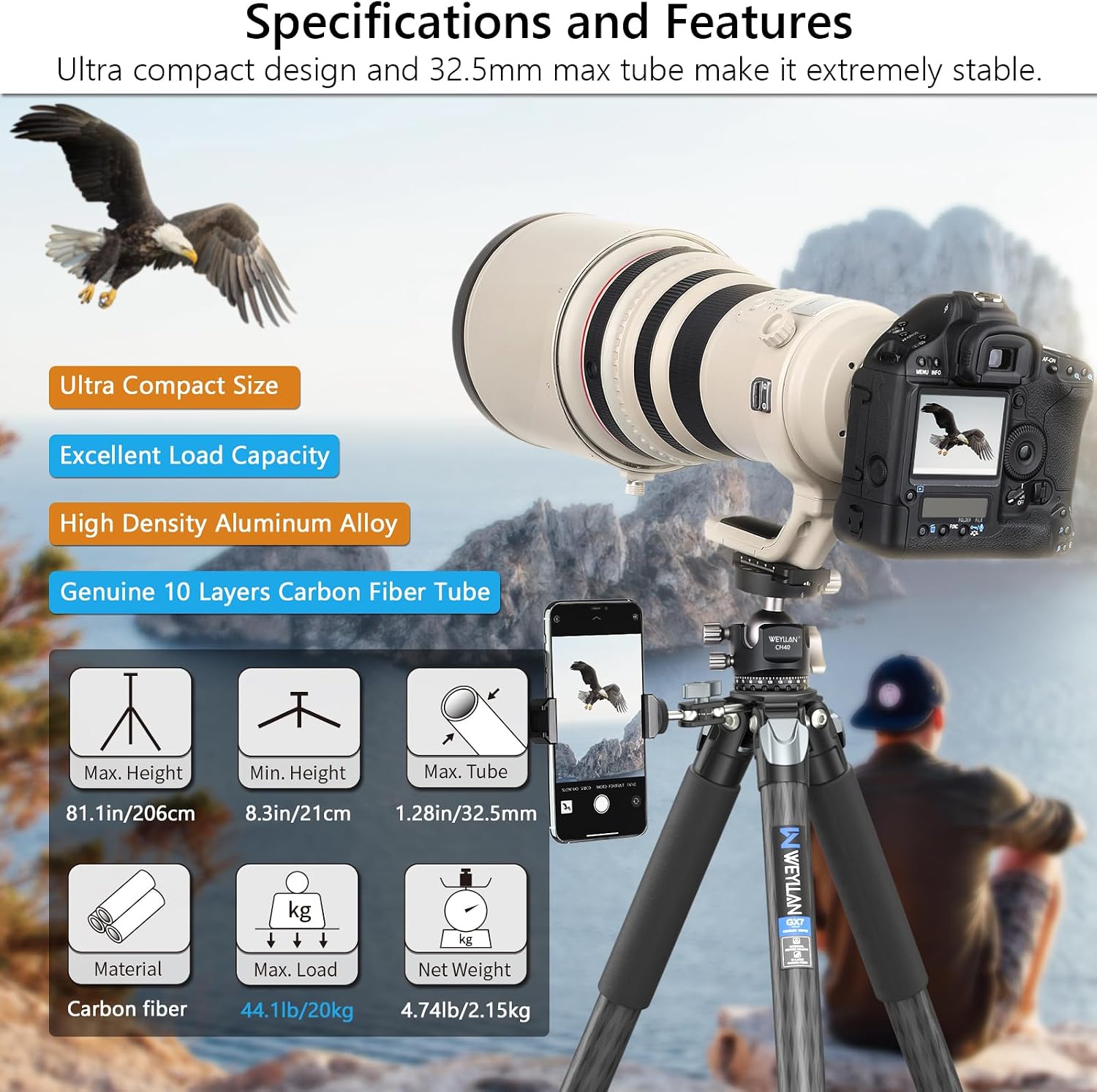 Carbon Fiber Heavy Duty Tripod WEYLLAN 81'' Professional Tripods for Camera, 10-Layer Carbon Fibre Tube, 32.5mm Leg with Low Profile Tripod Ball Head for Canon Nikon Sony, DSLR SLR Digital Camcorder