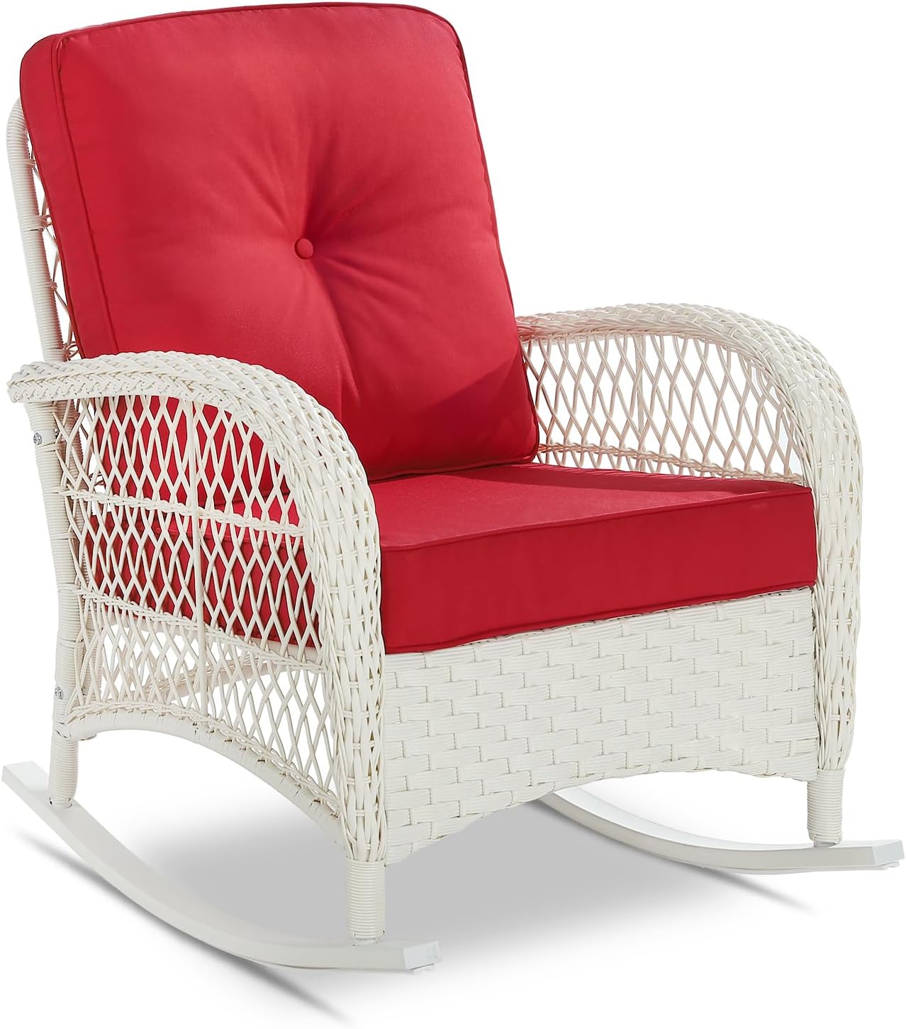 VIVIJASON Outdoor Wicker Rocking Chair, Patio Rattan Rocker Chair with Cushions & Steel Frame, All-Weather Rocking Lawn Furniture for Garden Backyard Porch, Cream White/Red