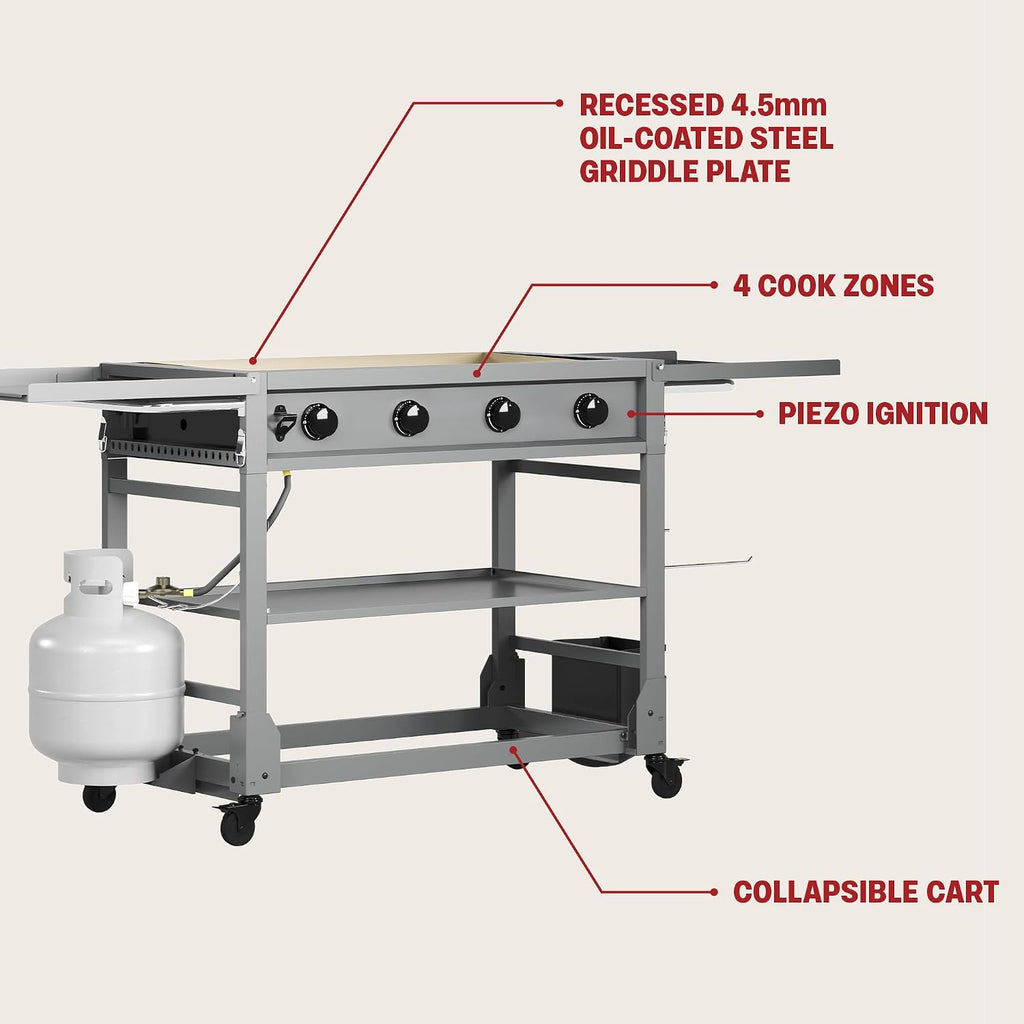 Tytus Fresno 48,000 BTU Flat Top Griddle Grill for Outdoors Includes Key Propane Flattop Grill Accessories: Cover, 2 Spatulas, 2 Bottles & Griddle Scrapper, 4 Burners Evenly Heat Flat Grills